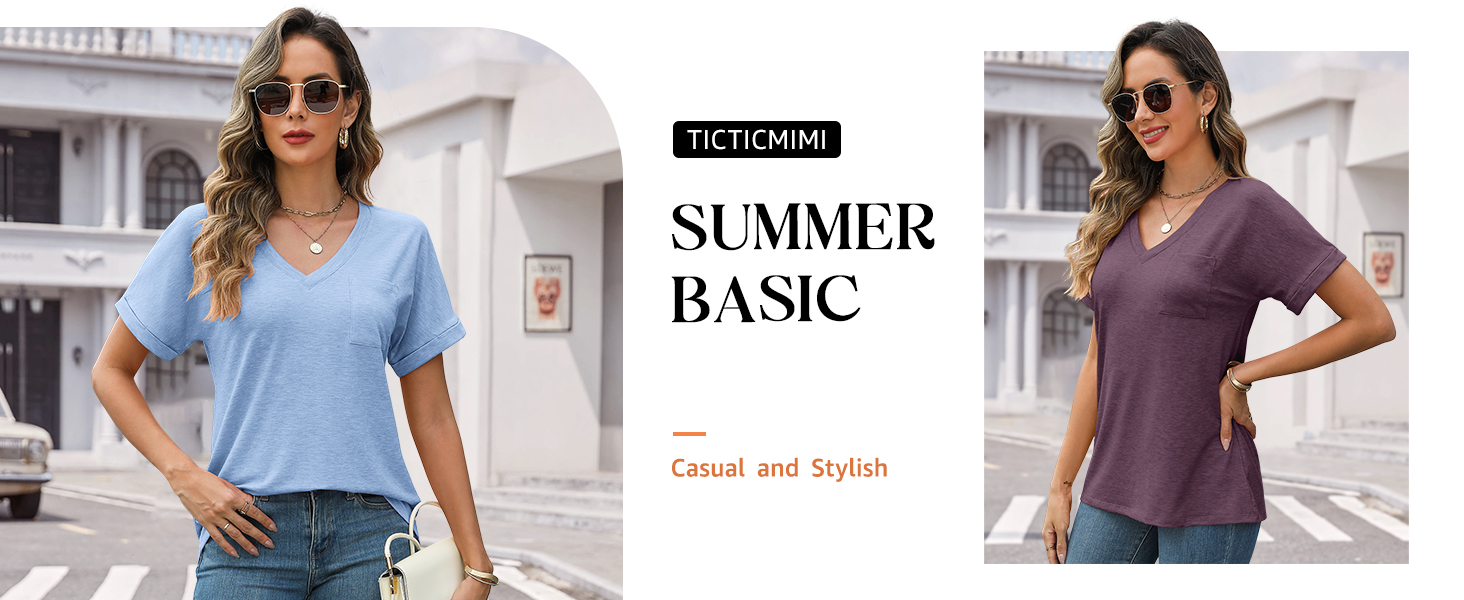 Women&#39;s V Neck Summer Tops Casual Short Sleeve T Shirts Basic Loose Fit Dressy Tees