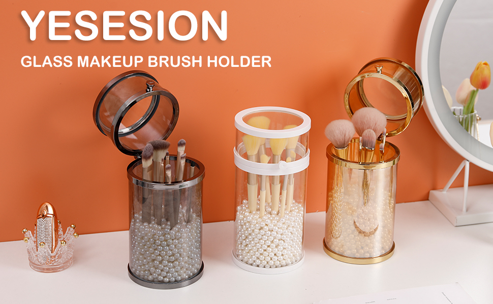 Yesesion Gold Makeup Brush Holder, Vintage Round Glass