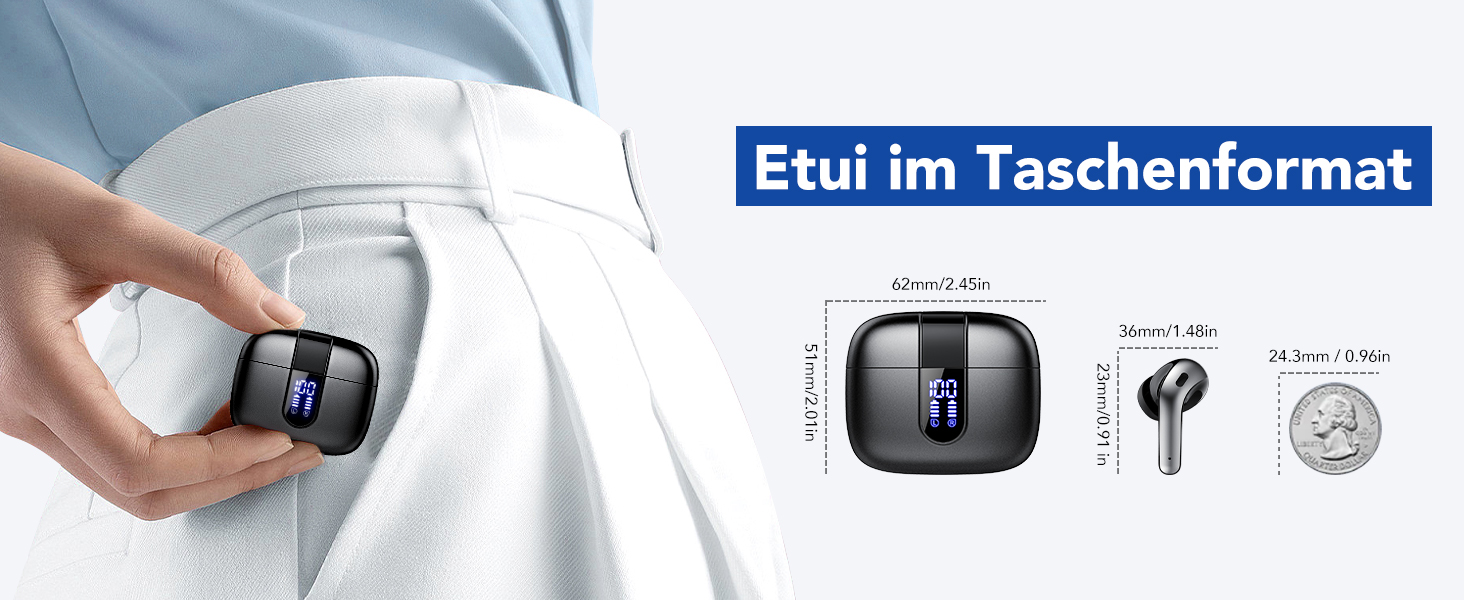 Tragbares Ohrhöreretui in der Hand. Die beigefügten Bilder zeigen die Abmessungen des Gehäuses, die Ohrhörer und den Größenvergleich mit der Münze. Text 'Etui