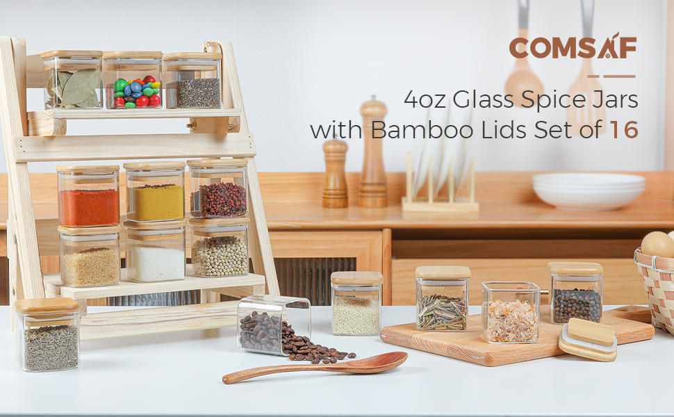 ComSaf 16Pcs Glass Spice Jars with Bamboo Lid, 4oz Airtight Square Spice Containers