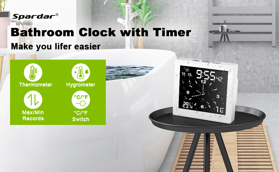 Spardar Shower Clock Waterproof IP65, Shower Timer with