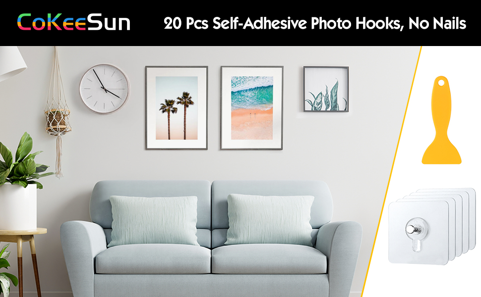 Pack of 20 SelfAdhesive Picture Hooks, Transparent Adhesive Hooks