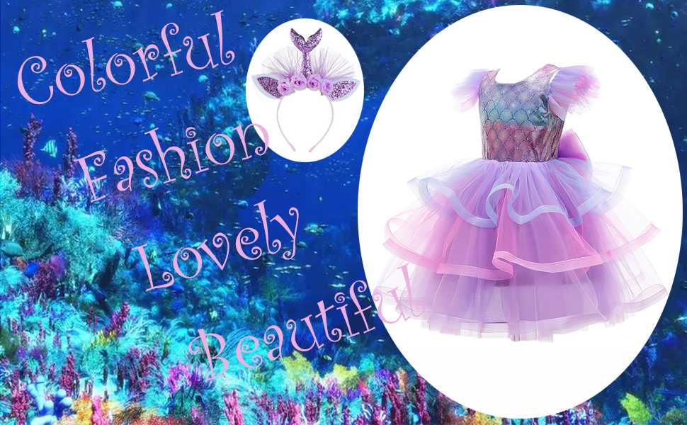 Excefore Mermaid Costume for Girls, Princess Dress Girls Party Cosplay Girl Clothing Birthday Princess Dress Kids Costume With Princess Jewelry Crown Set, 120cm 19 little mermaid costume