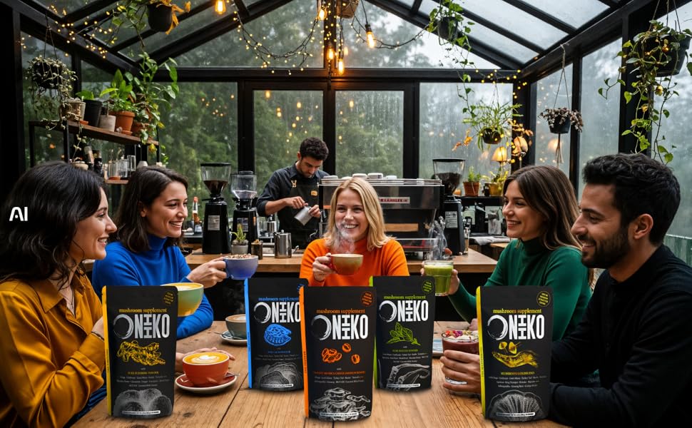 Friends enjoy Oniiko products in a cozy coffee shop with a rainy forest outside.