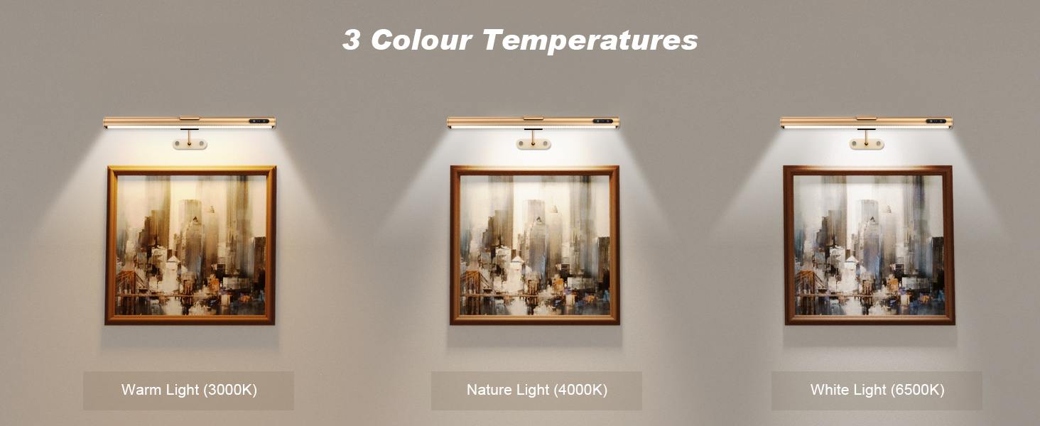 Three identical picture frames with lamps, demonstrating different color temperatures: warm light (3000K), natural light (4000K), and white light (5000K).