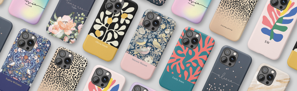Collection of decorative phone cases arranged in a grid pattern, featuring various artistic designs with floral, geometric, and abstract patterns in pastel and blue tones.