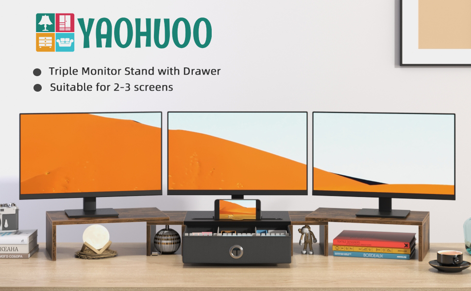 YAOHUOO Triple Monitor Stand with Drawer, Computer Monitor