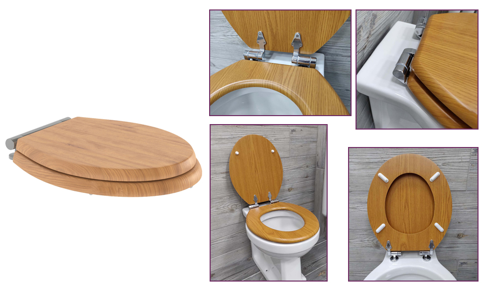 Cambridge Oak Toilet Seat Wood Oak Effect Traditional Style, Soft Close Hinges Universal Size