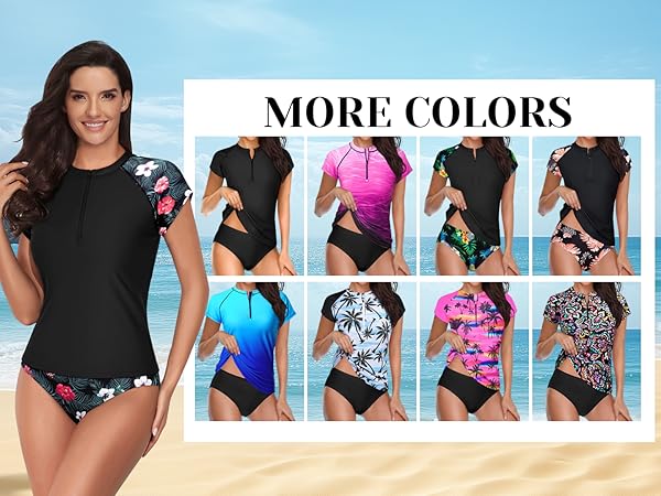 Holipick Pink Coconut Tree Two Piece Short Sleeved Rash