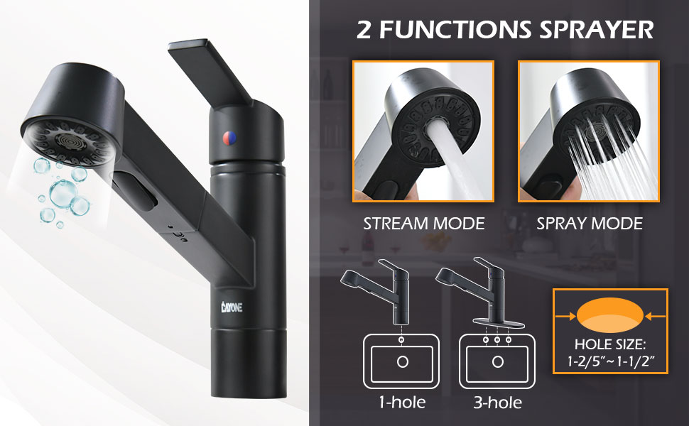 Matte Black Ktichen Faucet with PullOut Sprayer for RV, DAYONE Modern