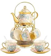 European Ceramic Tea Set for 6 People,20Pcs Porcelain Tea Set with Metal Stand,Vintage Floral Tea...