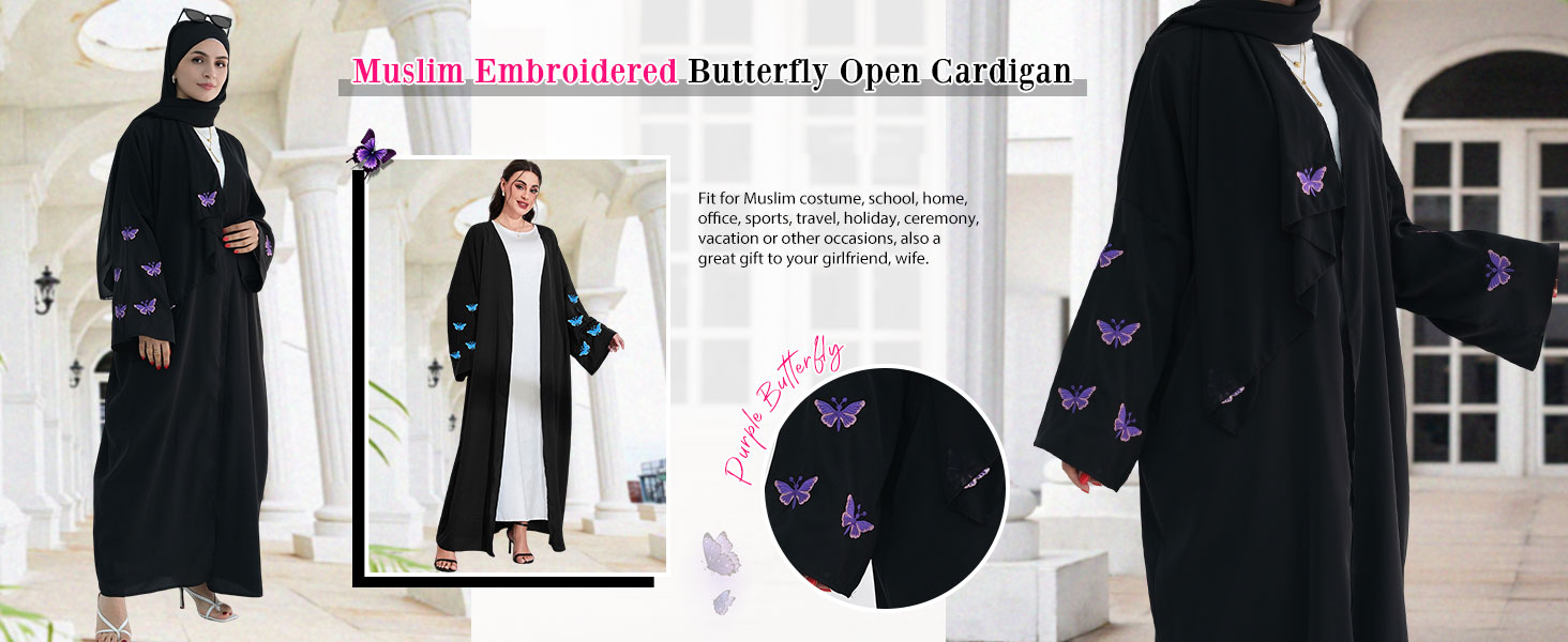 Womens Muslim Cardigan Abaya Long Sleeve Embroidered Butterfly Ethnic Robe Dubai Eid Clothes