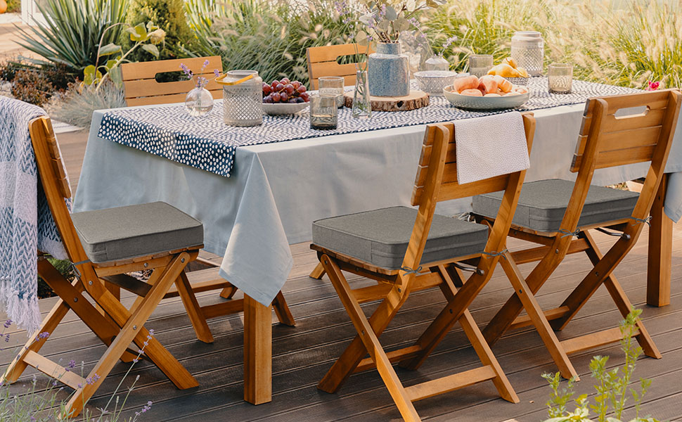 Wooden folding patio dining set with Cast Shale cushions 