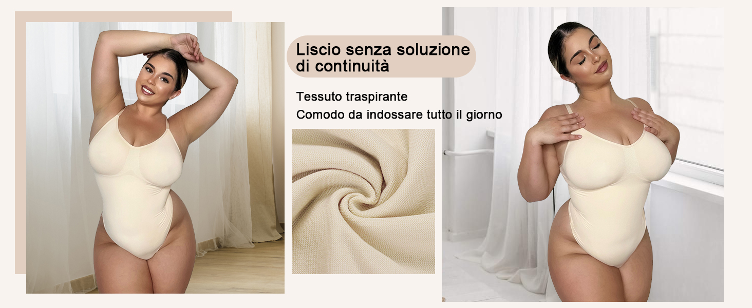 Body beige con design senza cuciture. Immagine a tre pannelli che mostra il prodotto in base al modello, il primo piano della trama del tessuto e le caratteristiche di comfort. Il testo indica un tessuto traspirante che può essere indossato tutto il