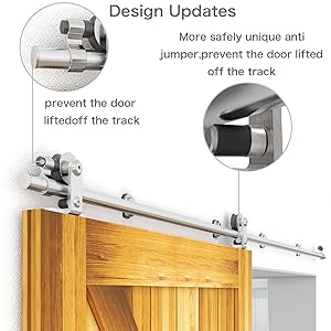 Sliding barn door hardware with anti-jump design. Metal track and rollers shown, with close-ups of safety features preventing door from lifting off track.