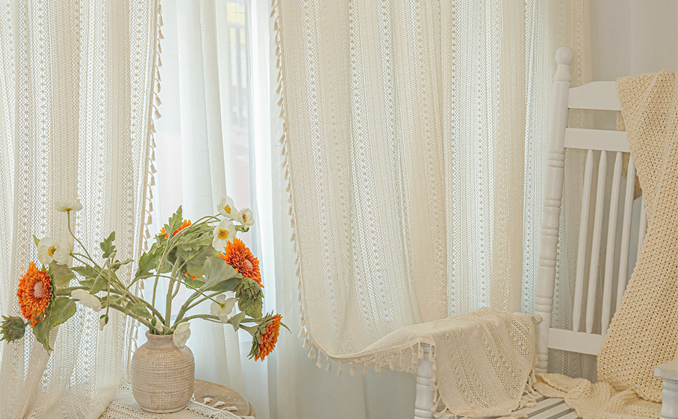 Boho Vintage Sheer Curtains for Bedroom Living Room , 2