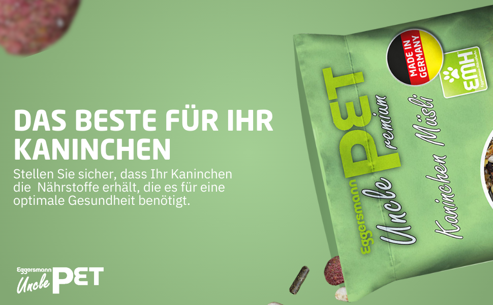 Tierfutterverpackung für Kaninchen. Grüne Tasche mit sichtbarem Produktnamen „Uncle PET“. Der Text fördert eine optimale Ernährung für die Gesundheit von Kaninchen.