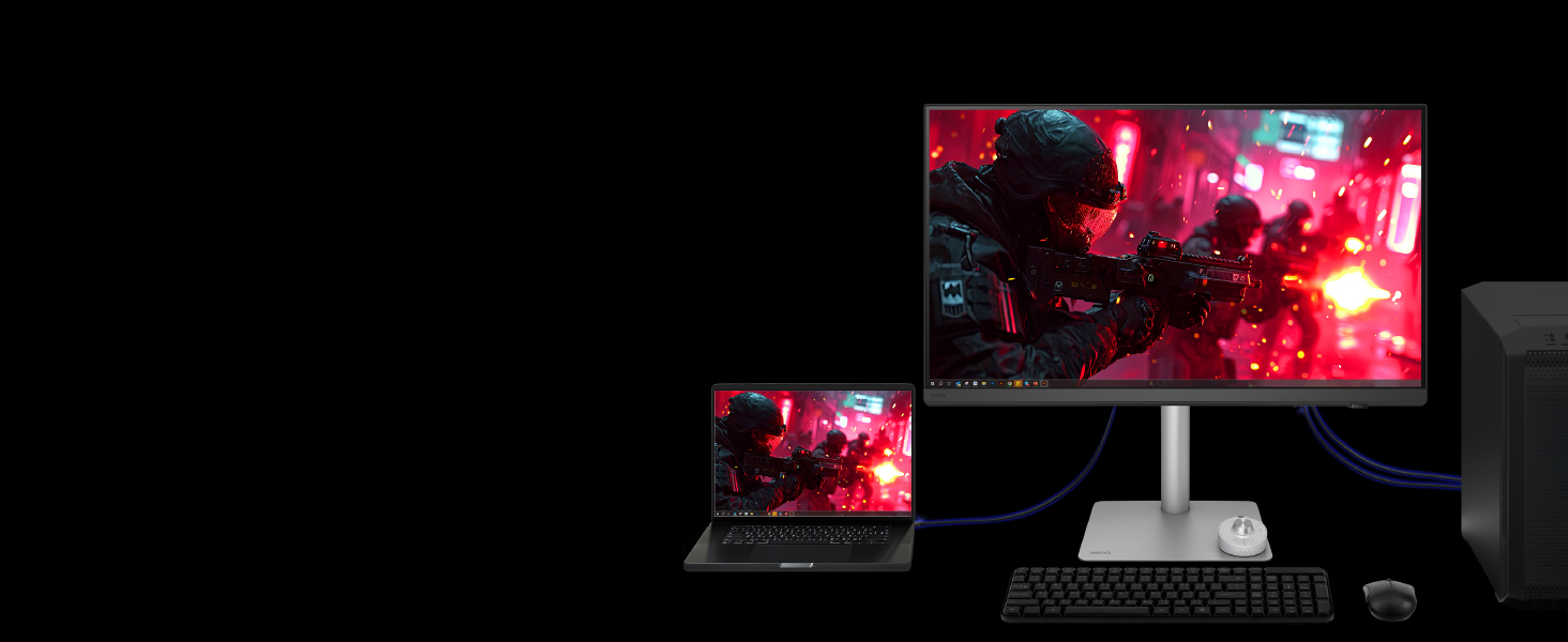 Control two systems with one keyboard and mouse using the built-in KVM switch for efficiency.