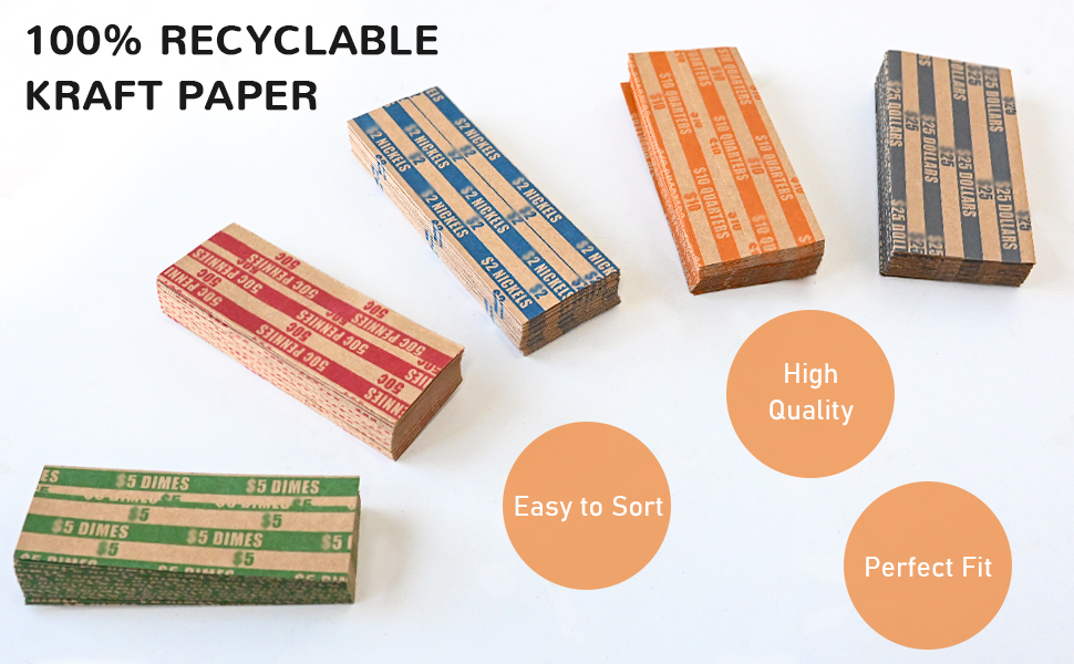 150 PCS Coin Wrappers,5 Denominations Coin Rollers Paper for Assort