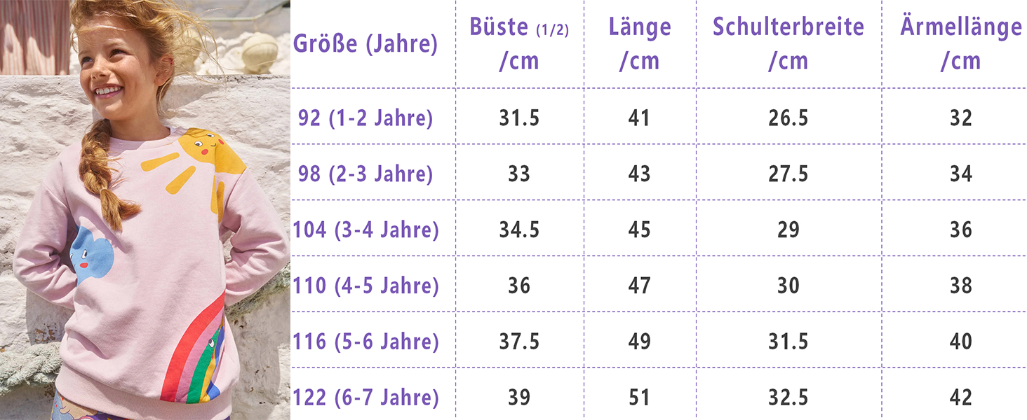 Größentabelle oder Maßtabelle mit verschiedenen numerischen Maßen und Spezifikationen in Spalten und Zeilen.