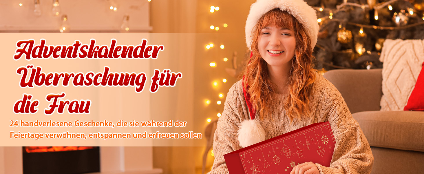 Il testo recita «Adventskalender Überraschung für die Frau». Scena festiva con luci calde e decorazioni natalizie visibili.