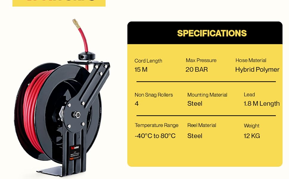 Text reads 'REELWORKS' with specifications chart showing details like '15 M', '20 BAR', 'Hybrid Polymer'. Product appears to be industrial reel system with red and black components.