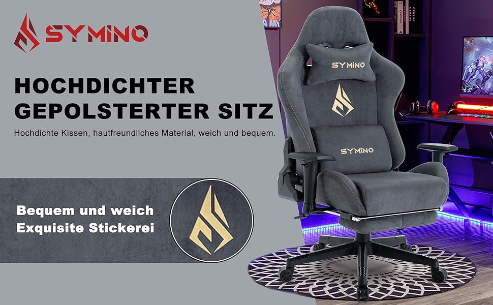 Symino-gamestoel met gevoerde zitting met hoge dichtheid. Voorzien van geborduurd logo, ergonomisch ontwerp. Afgebeeld in een spelopstelling met LED-verlichting en rond vloerkleed.