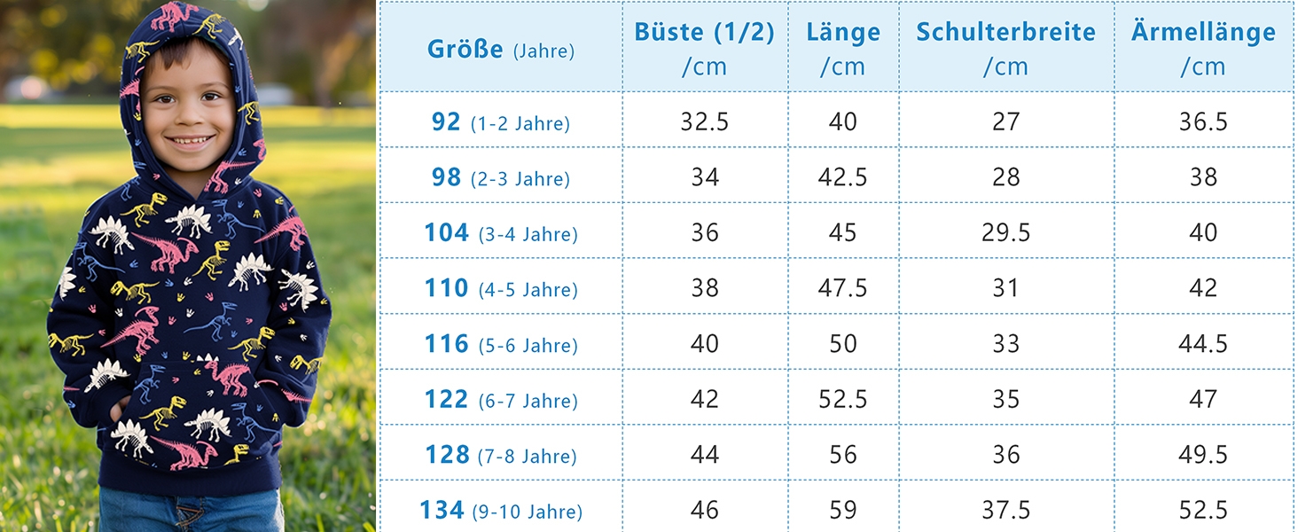 Größentabelle für Kinderkleidung mit Maßangaben für verschiedene Altersgruppen, einschließlich Brustumfang, Länge, Schulterbreite und Ärmellänge