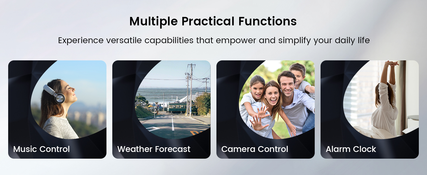 Text reads 'Multiple Practical Functions'. Four-panel feature display showing Music Control, Regular Forecast, Camera Control, and Timer Clock functionalities.