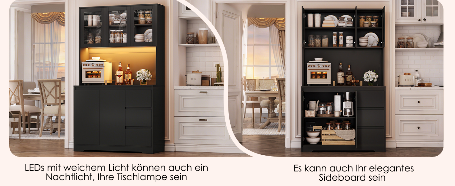 Schwarzer Küchenschrank mit Glastüren, der einen organisierten Stauraum für Geschirr, Geräte und Vorratsgegenstände bietet. Vielseitiges Design, geeignet für verschiedene Raumeinstellungen