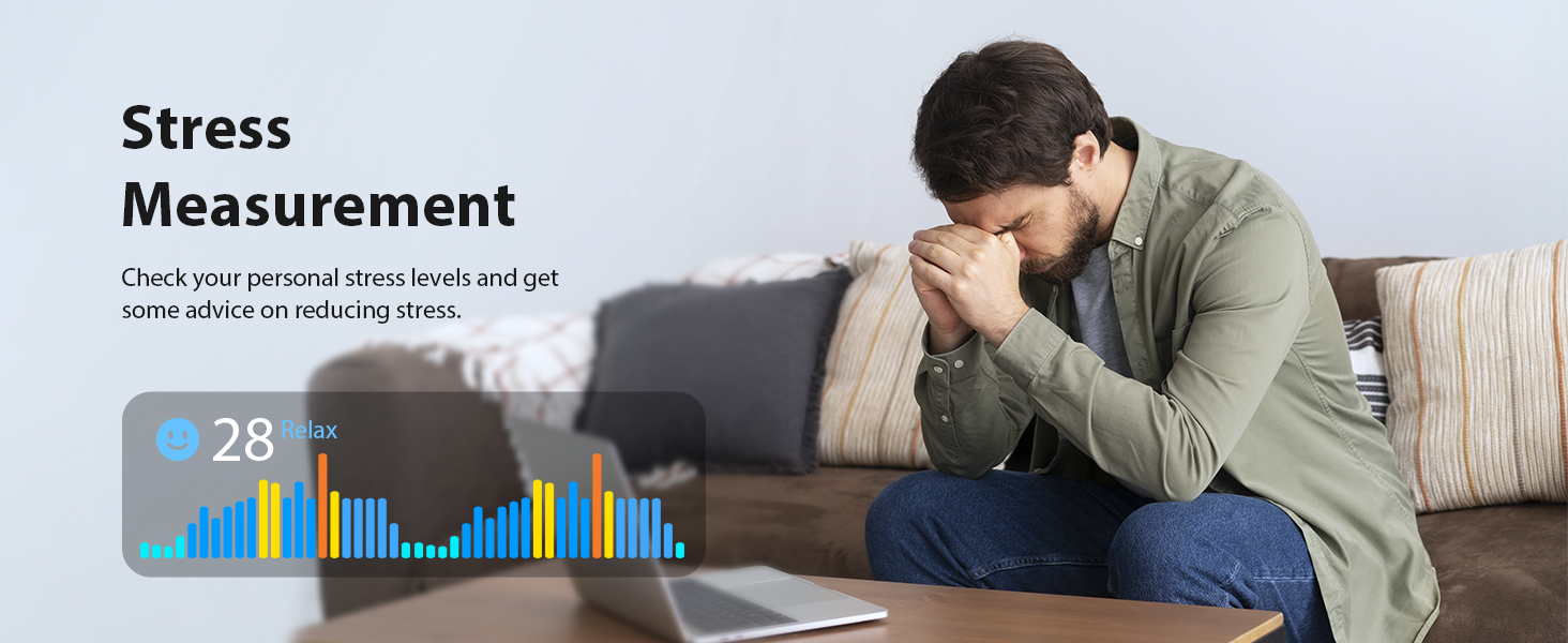 Stress measurement app interface showing colorful bar graph with '28' score. Person sitting on couch with head in hands, demonstrating stressed posture.