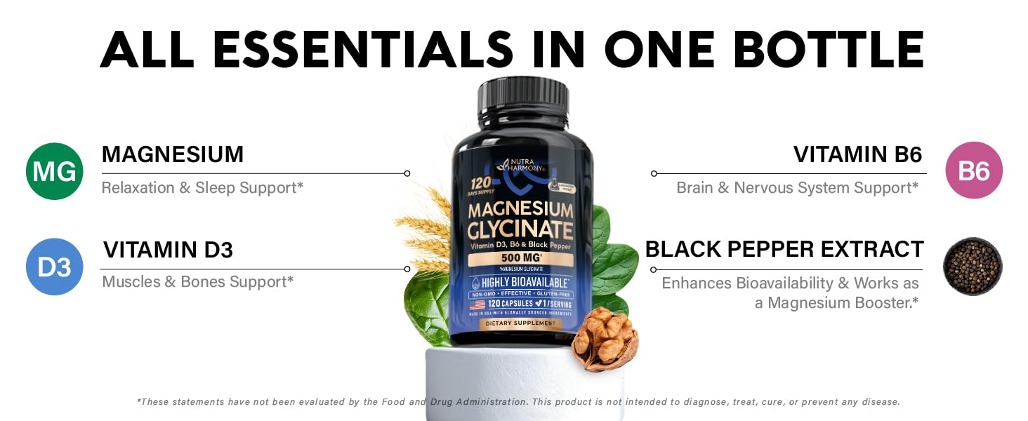 Infographic for NUTRAHARMONY Magnesium Glycinate 500 mg chelated supplement, featuring the product bottle centered with natural visuals like wheat stalks, green leaves, a walnut, and black peppercorns. Header states 