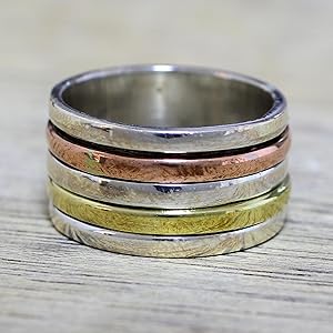 NOVICA Artisan Handmade .925 Sterling Silver Meditation Spin Ring Simple Copper Brass Indian Modern