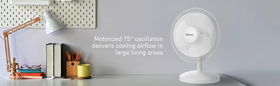 Motorized 75° oscillation delivers cooling airflow in large living areas