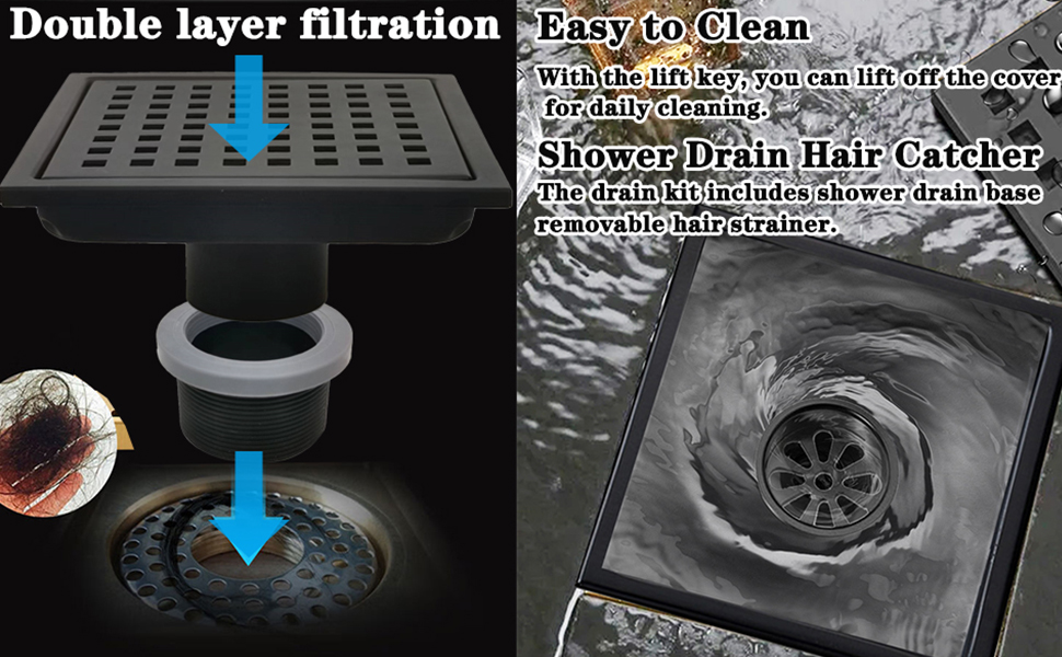 6 Inch Shower Drain Square Black, Shower Floor Drain Cover