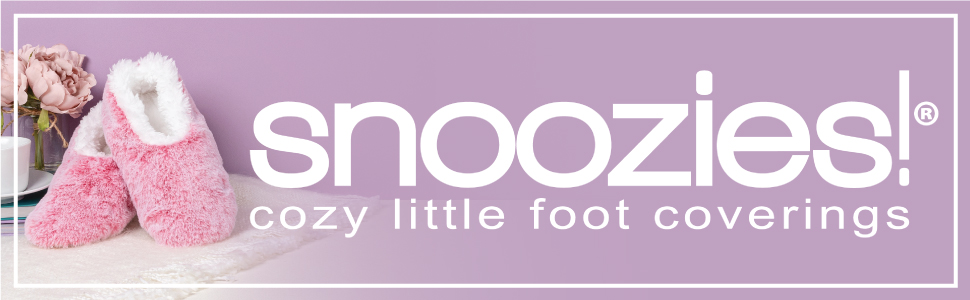 Pink fluffy slippers against a purple background. Text reads 'snoozies!' with tagline 'cozy little foot coverings'.