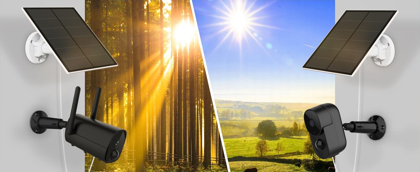 avec panneaux solaires. Deux caméras noires montées sur des supports, chacune avec un panneau solaire réglable au-dessus pour l'alimentation. Fond panoramique montrant la forêt et le champ.