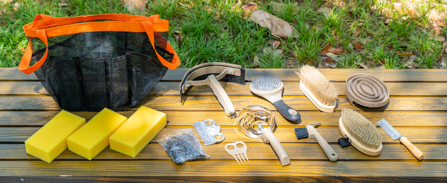 Composite product shot showing disassembled gold and yellow components of what appears to be camping or outdoor gear laid out on wooden slats.