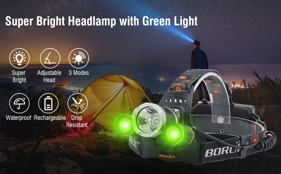 BORUIT RJ3000 LED Headlamp with Green Light,Ultra Bright