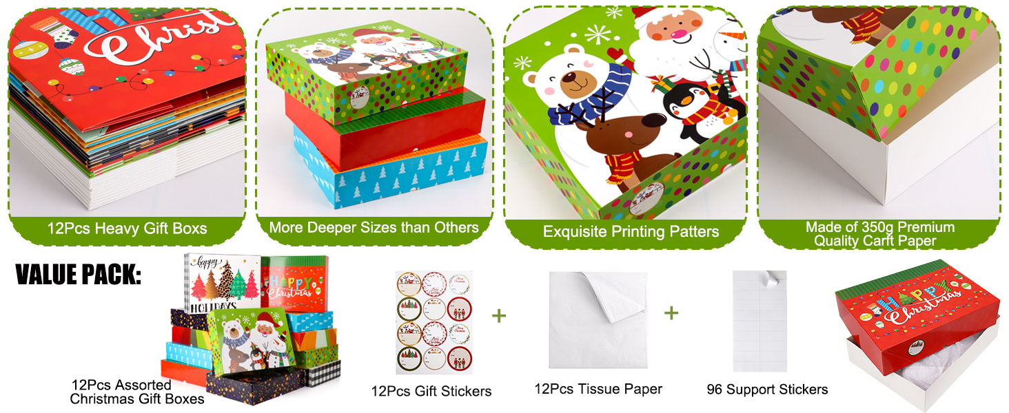 12Pcs Extra Large Christmas Gift Boxes with Lids, 4inch