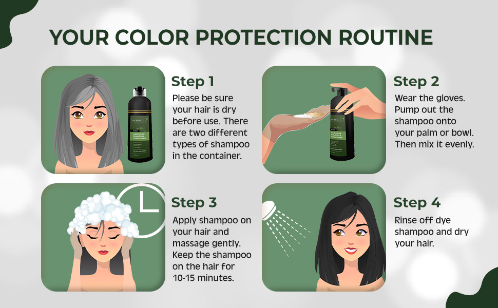Be sure your hair is dry, Wear the gloves and pump onto your palm, Apply on hair, rinse off and dry