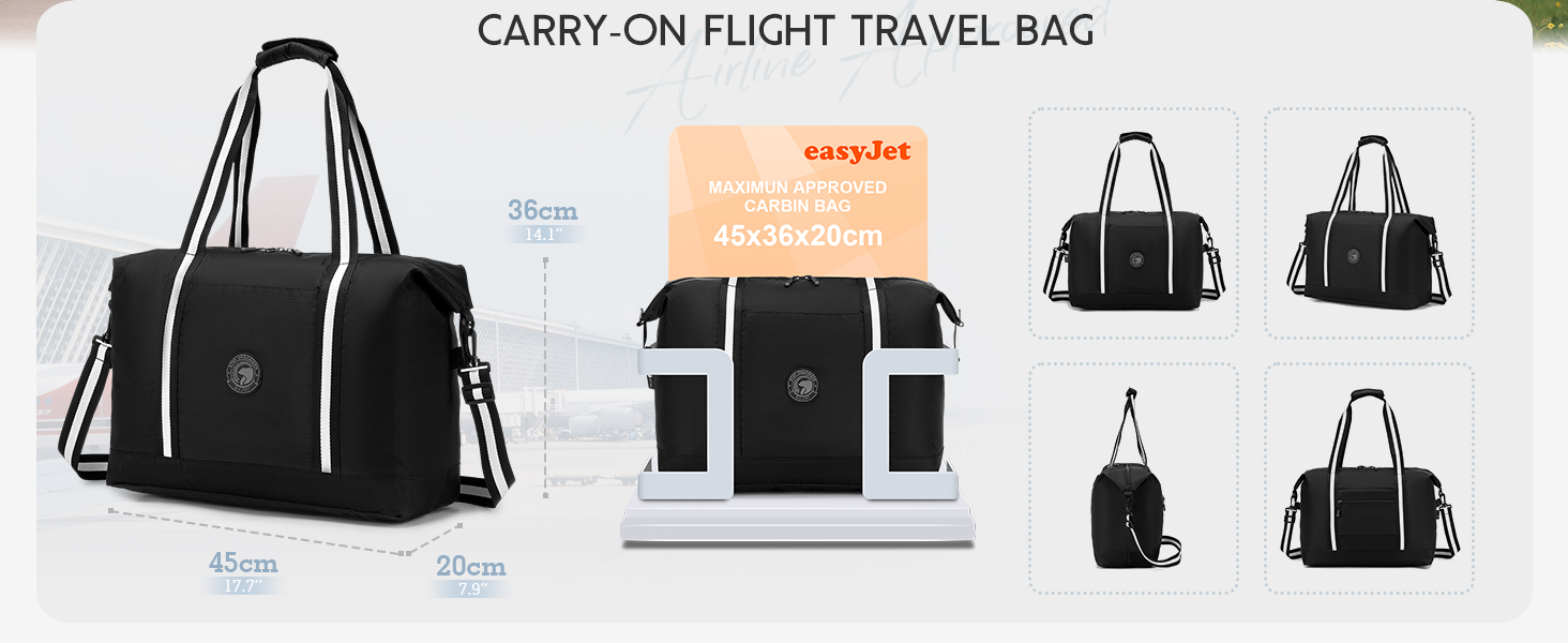 Le texte indique « SAC DE VOYAGE À PORTER EN AVION ». Vitrine de produits de sacs de voyage noirs présentés sous plusieurs angles avec poches latérales et bretelles.