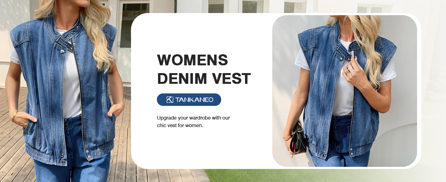 Womens Denim Vest Stand Collar Zip Up Jean Vest Utility Cargo Sleeveless Oversized Jackets