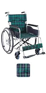 自走用車椅子 青と緑のチェック柄 マキテック エコノミー車いすEW-30 緑チェック EW-30GN 介助用