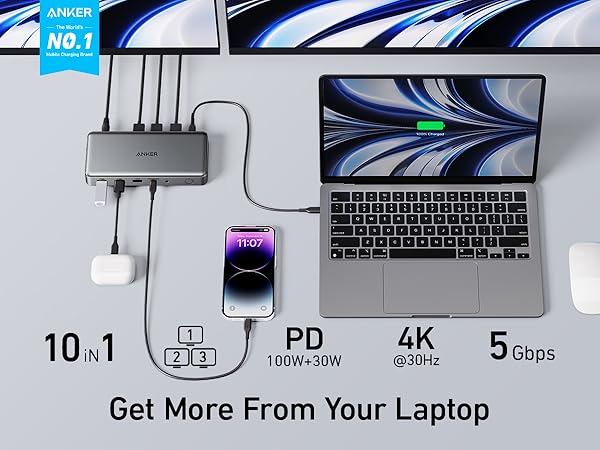 Anker 10-in-1 USB-C hub, dual HDMI, 100W laptop, 30W phone.