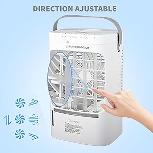 Directionally adjustable portable air cooler with handle. The white device features a mesh front panel and visible fan blades. Manually demonstrate how to adjust the airflow direction. The blue fan icon indicates multiple air directions.