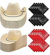 Anzices Set of 18 Cowboy Hats and Bandanas, Cowgirl Straw Hat Western Decorations for Rodeo Party...