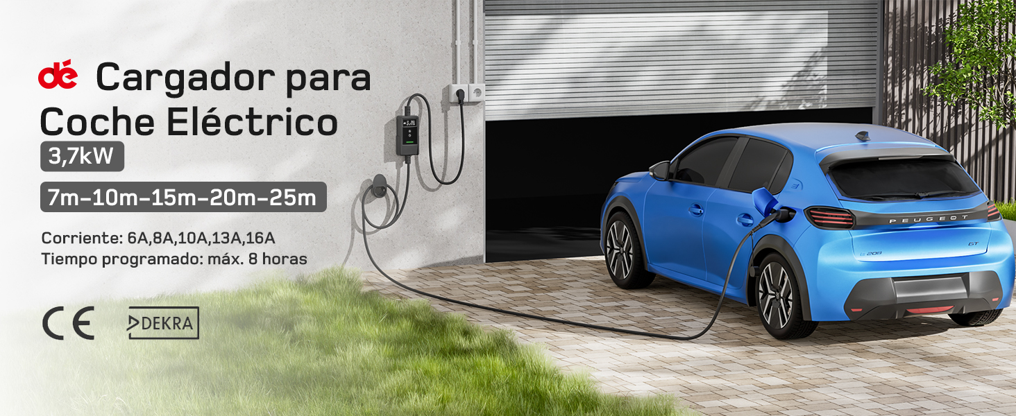 El texto dice «Cargador para Coche Eléctrico». Imágenes que muestran la configuración de carga de un vehículo eléctrico con un automóvil azul visible en el fondo.