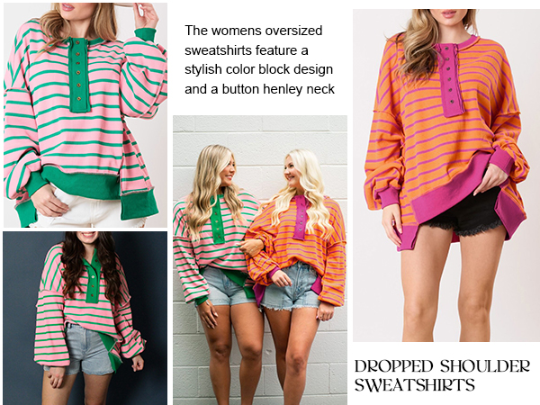 トップス Striped Waffle Henry Neck Pullover Amazon.com: Tankaneo Womens Oversized Striped Sweatshirts