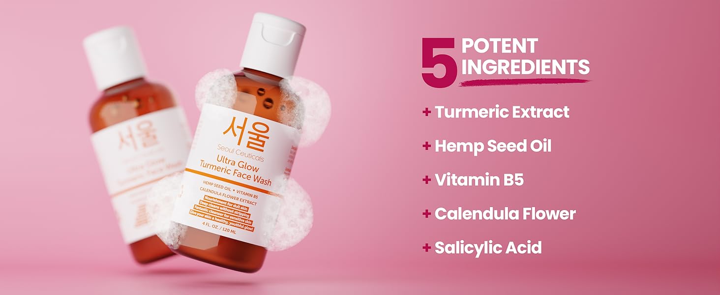 Korean Skincare Turmeric Face Wash with foam and text listing 5 key ingredients